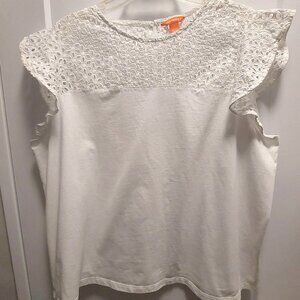 JOE FRESH + Women's White Tee-Shirt with Eyelet Yoke Frill Cap Sleeves - Size 1X